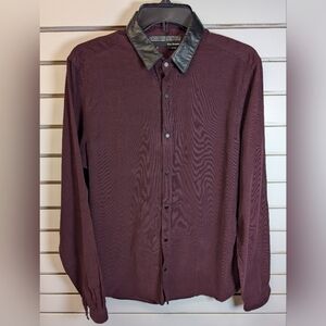 THE KOOPLES Mans Shirt Burgundy Corduroy Snap Front Leather Collar Fitted Large